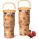 Fall Tumbler with Handle and straw, Thanksgiving Turkey 30oz Pumpkin Turkey Maple Leaves Stainless Steel Insulated Cup, Autumn Coffee Mug Water Bottle