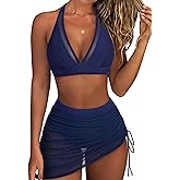 RXRXCOCO Mesh Halter High Waisted Bikini Sets for Women Tummy Control Swimsuits Two Piece Bathing Suits with Skirt