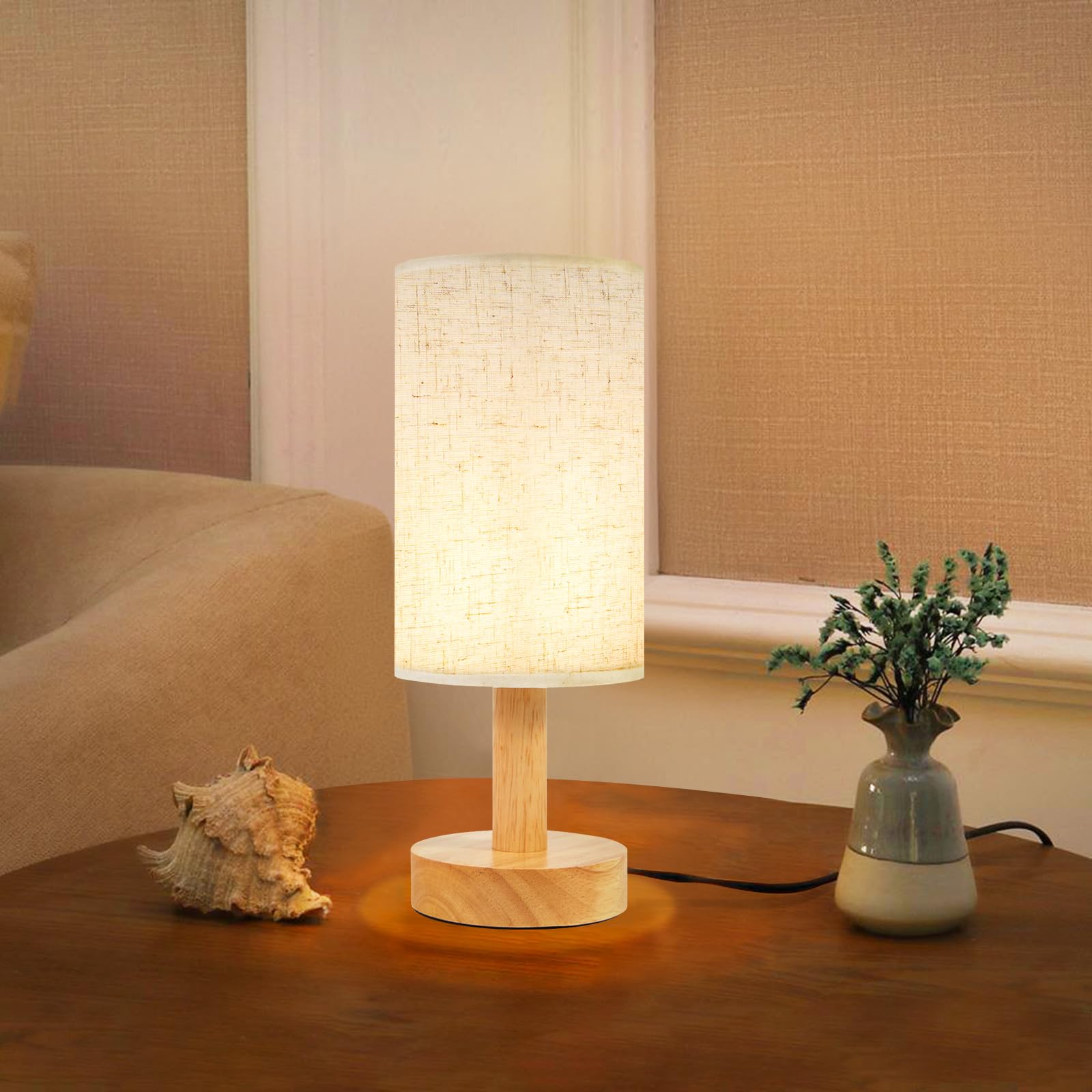 Photo 1 of **DAMAGED** Small Bedside Table Lamp for Bedroom,Natural Round Wood Base&Fabric Linen Shade,Cozy Night Table Light for Study Reading,Minimalist Boho Desk Lamp for Nightstand,Living Room,Nursery,Kitchen,Dorm