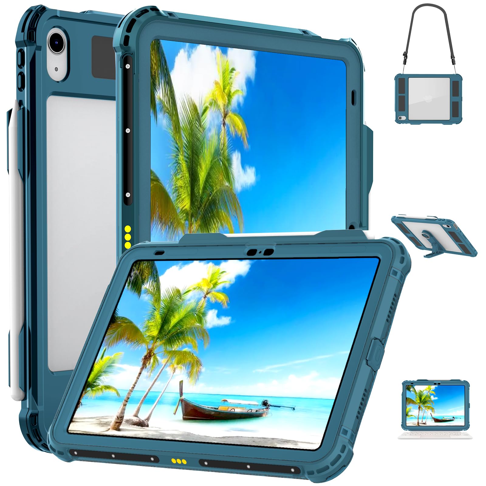 ShellBox Case iPad 10th Gen 10.9 inch Waterproof Case, Full-Body Heavy Duty Shockproof Protective Cover with Kickstand Built-in Screen Protector Pencil Holder Shoulder Strap (Cyan)