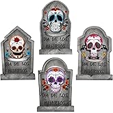 Halloween Decorations Outdoor Graveyard Tombstones: 4ct Large Tombstone Halloween Decor, Dia De Los Muertos Yard Signs with Stakes, Skeleton Gravestones Day of The Dead Decorations, Yard Lawn Outside