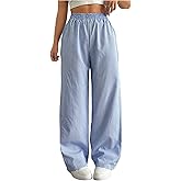 Floerns Women's Elastic Waist Striped Wide Leg Trousers Comfy Lounge Pants Beach Bottoms