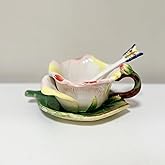 Minigift Ceramic Tea Cup and Saucer Set ,6OZ 3D Hand-Painted Flower and Lotus Leaf Coffee Mug,Gift for Women- Champagne Rose