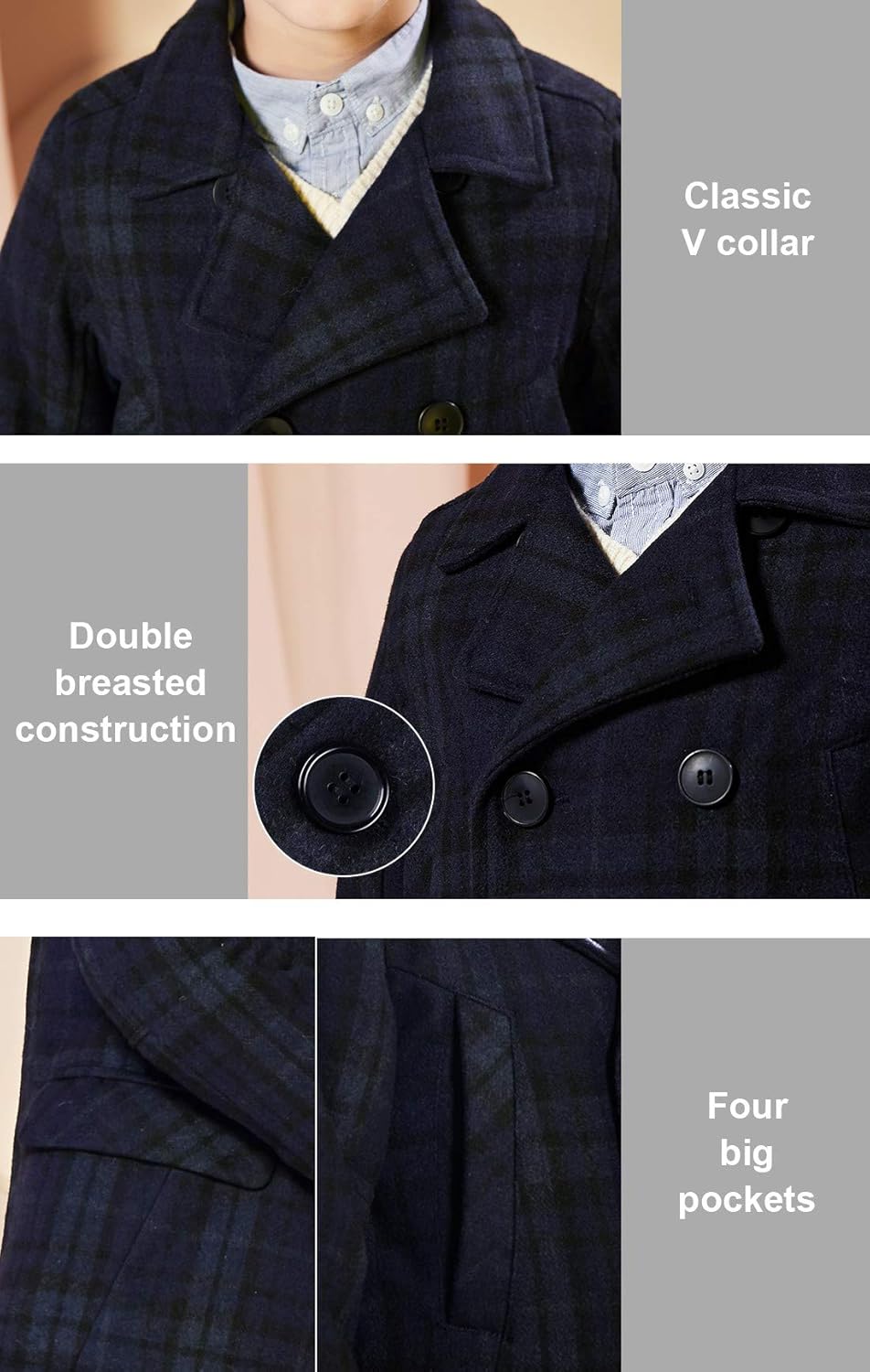 SOLOCOTE Boys Coat Elegant Notched Collar Double Breasted Wool Blend Over Pea Coat: Clothing
