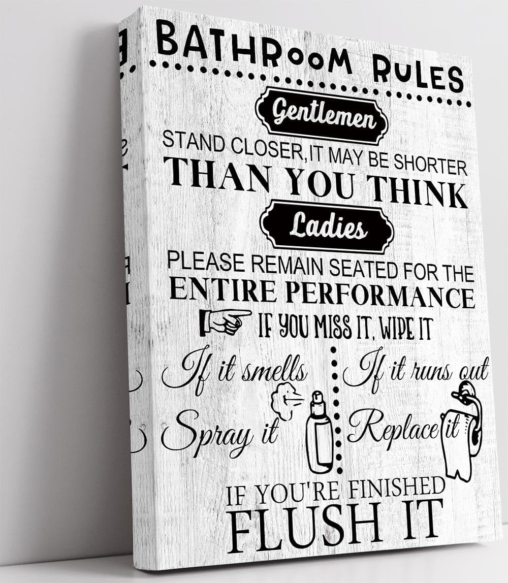 Wall Décor - Biufo Wall Art for Bathroom Black White Canvas Print Wall Decor Bathroom Rules Picture Artwork for Restroom (12