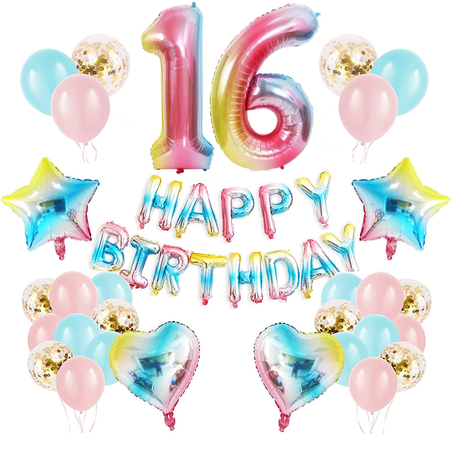16th Rainbow Party Decoration for Girls, Boys - Number 16 Balloons, Happy Birthday Banner, Confetti and Latex Balloons - 16 Years Old Celebration Supplies