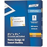 Mifflin-USA Name Badge Inserts, 2.25x3.5 or 3.5x2.25 (280 Cardstock Refills, 35 Sheets), Compatible With Inkjet, Laser Printer, and Printable Badge Inserts