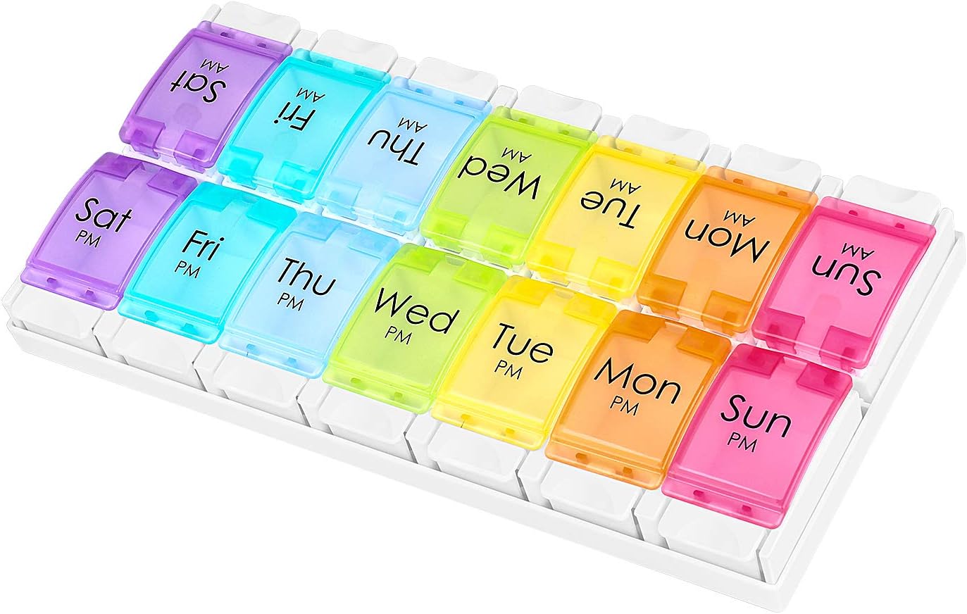 Flexzion AM PM Weekly Pill Organizer Box w/Push Button Design, Portable Color Coded Pill Tablet Vitamin Dispensers Reminders, 14 Compartment Slots Travel Medication Storage Case for Morning & Night: Health & Personal Care