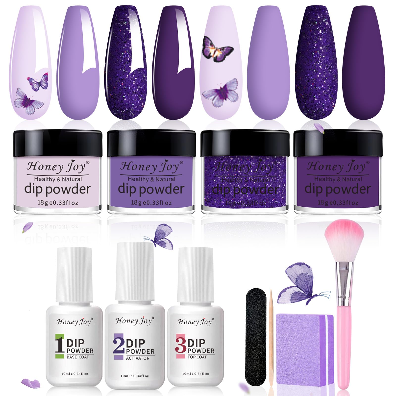 Dip Powder Nail Kit for 4 Colors System Starter Kit Acrylic Dipping System,4 PCS Dipping Powder,3 PCS 10ml Liquid Nail Kit Purple Blue Acrylic Set (Dip-7pcs-03