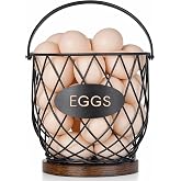Chicken Egg Basket for Gathering Fresh Eggs, Wire Egg Collecting Basket | Metal Handle, Wooden Base, Round Egg Holder Counter