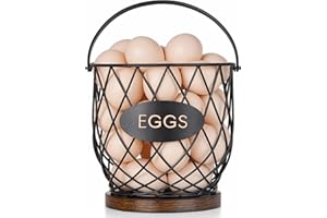 Banawey Chicken Egg Basket for Gathering Fresh Eggs with Metal Handle, Wire Egg Collecting Basket with Wooden Base, Round Egg
