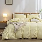 BESTOUCH Duvet Cover Set 100% Washed Cotton Linen Feel Super Soft Comfortable Chic Lightweight 3 PCs Home Bedding Set Solid Light Yellow Queen