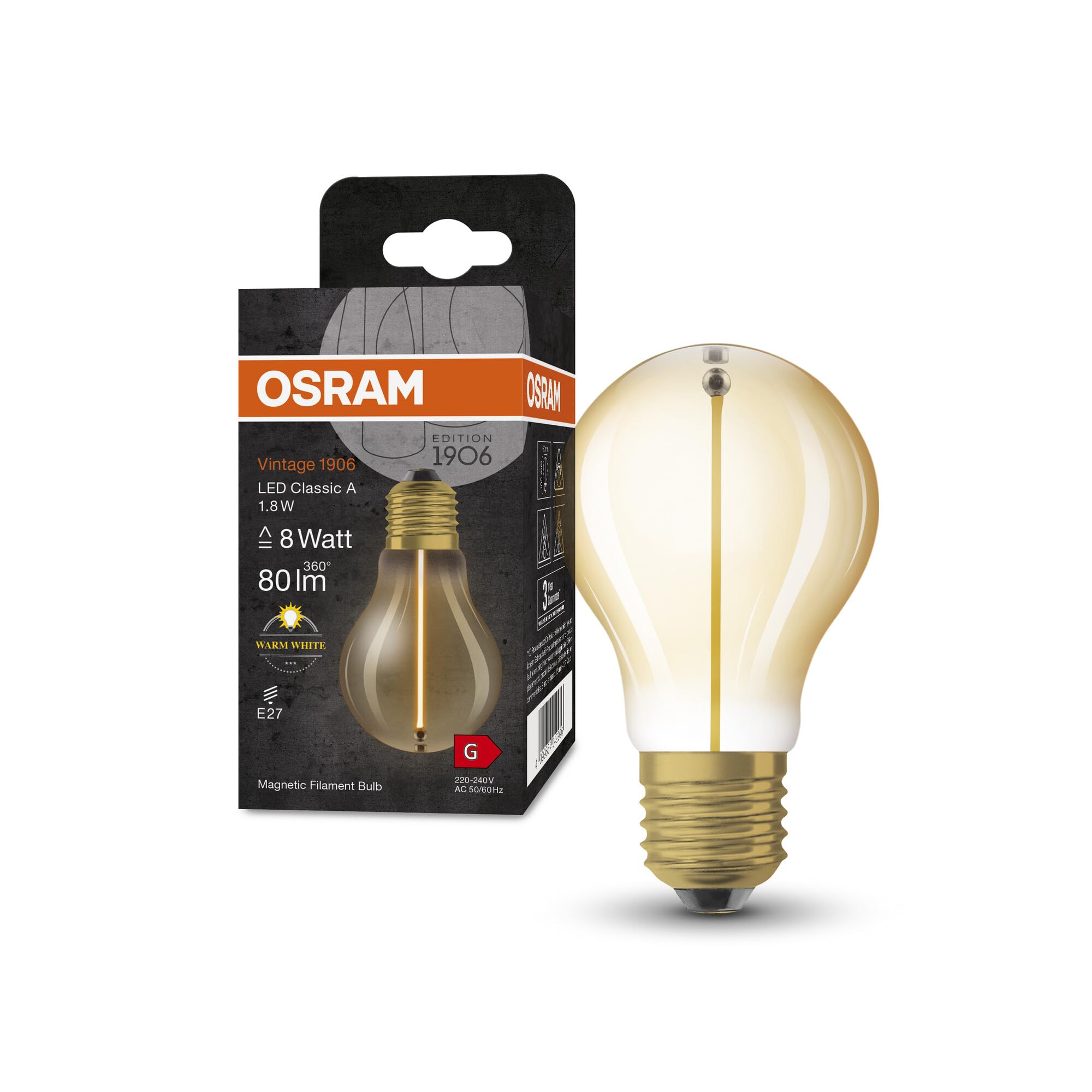 OSRAM Vintage 1906 Classic A Fil Led Lamp, E27, Bulb Shape, Gold, 1.8W, 80Lm, 2700K, Warm White Light, Very Low Energy Consumption, Long Life, Magnetic Filament