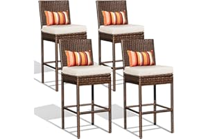 Sundale Outdoor Wicker Bar Stool Set of 4, 30 Inch Seat Height Patio Counter Height Stool with Back Rest, Rattan Woven Tall Chair with Pillow & Beige Cushion, High Bar Stool - Steel, Brown