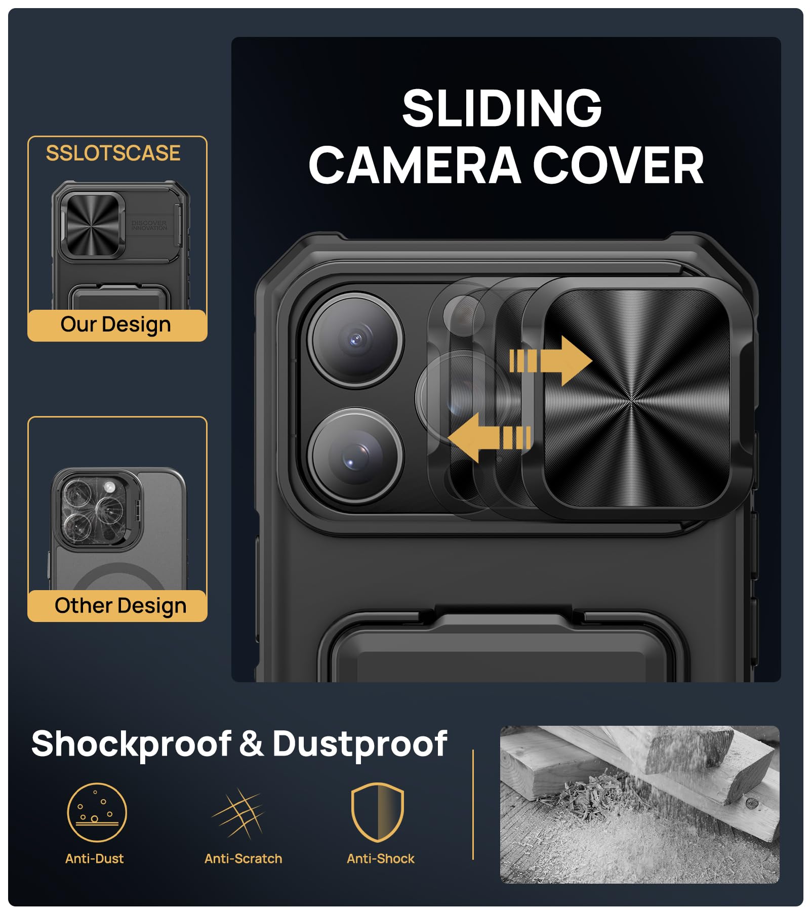 for iPhone 16 Pro Max Case with Card Holder & Kickstand & Slide Camera Lens Cover, Silicone Edge Protection Rugged Heavy Duty Phone Case Cover for iPhone 16 Pro Max 6.9'' 2024, Black