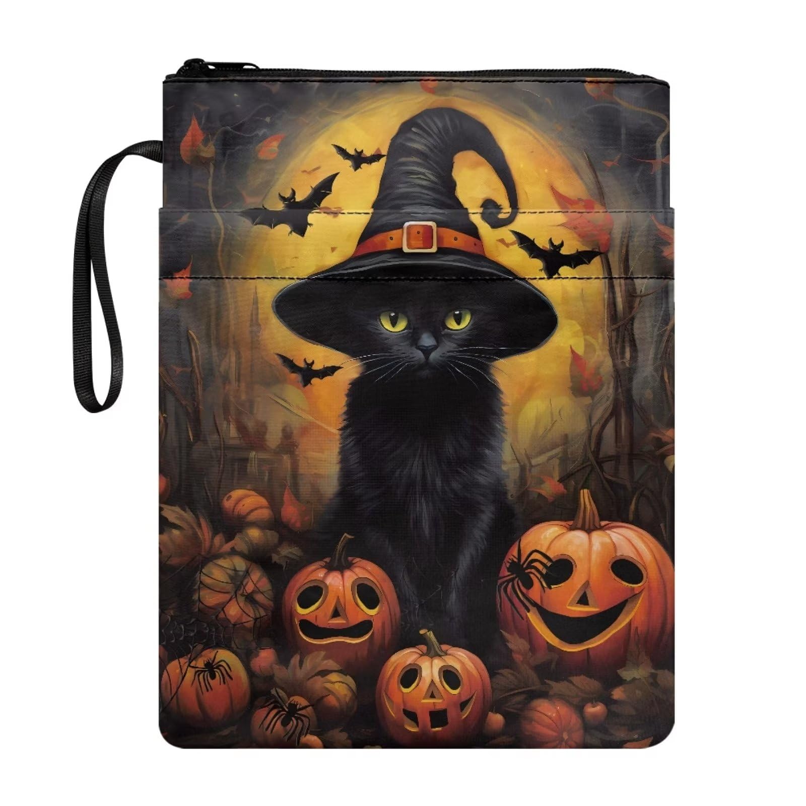 ZIATUBLES Cat Pumpkin Print Book Sleeves for Paperback Halloween Zippered Book Covers Reusable Book Protective Cover Book Sox Textbook Jackets Washable Pouch Purse