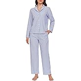 Ryfox Women's Striped Seersucker Pajama Set Cotton Long Sleeve Button Down PJs 2-Piece Lounge Set with Pockets