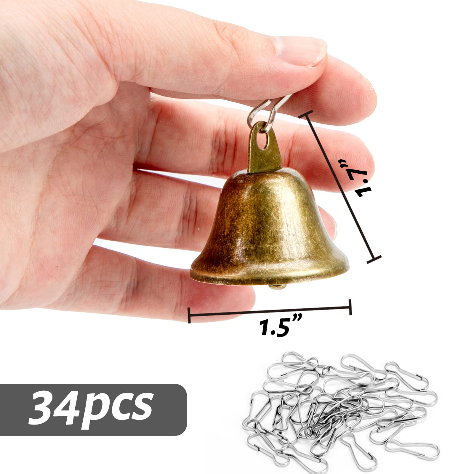 MCPINKY 34PCS Craft Bells, Small Brass Bells with Spring Hooks Hanging for Homes, Wedding Party Decorations, Keychain, Hanging Wind Chimes, 1.7
