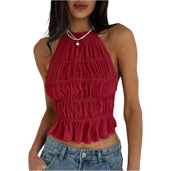 Amazon.com: Women Backless Ruffle Halter Cami Shirred Frill Tank