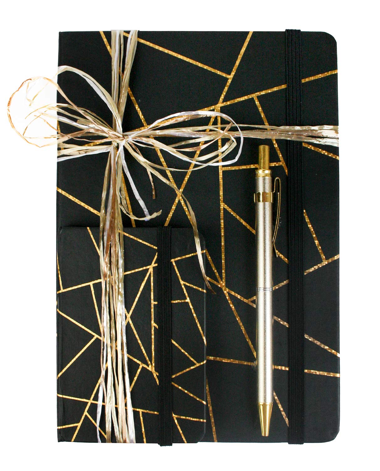 Emartbuy Black Gold Geometric Notebook Gift Set with A5 Grid Journal A7 Pocket Notebook Mechanical Pencil Ribbon Wrapped Stationery Kit for Women Men Teens Office Home Gifting