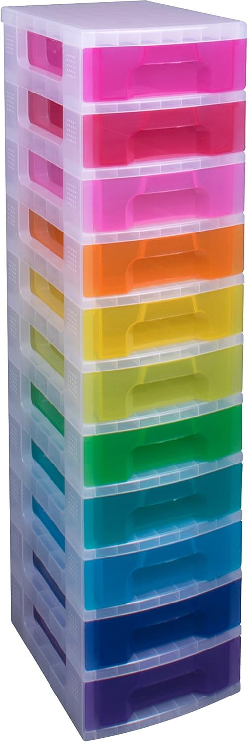 Really Useful 11 x 7 Litre Storage Tower Drawers, Clear Frame/Rainbow