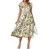 BerryGo Women's Floral Boho Ruffle Summer Midi Dress Short Sleeve V Neck Empire Waist Swing Flowy Dress