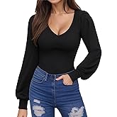 MANGOPOP Womens Bodysuit Long Sleeve V Neck Body Suit for Women Puff Sleeve Ribbed Bodysuits Shirts