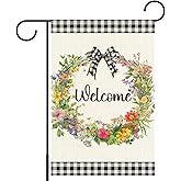 Welcome Spring Garden Flag 12x18 Inch Double Sided, Spring Floral Wreath Yard Outdoor Flag, Buffalo Plaid Farmhouse Yard Lawn Porch Flags for Outside Decor