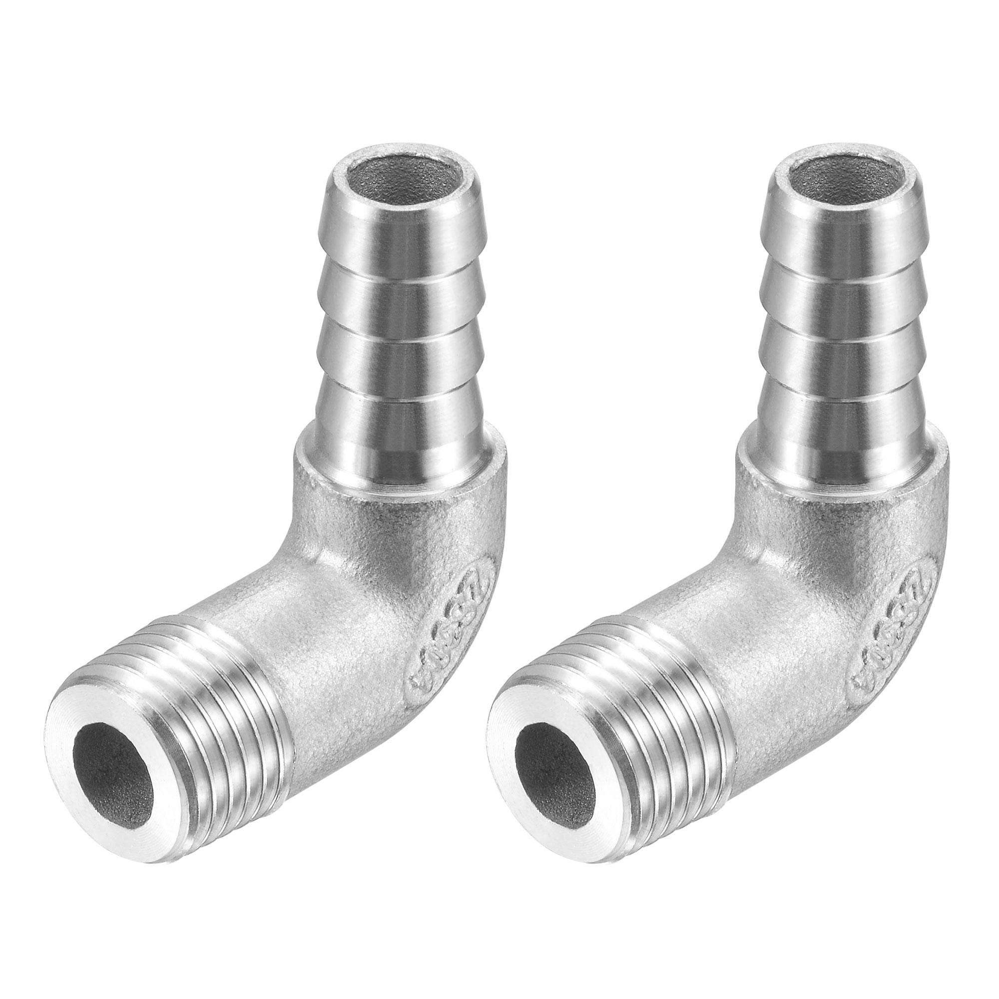 sourcing map 304 Stainless Steel Hose Barb Fitting Elbow, 10mm Barbed x G1/4 Male Pipe Connector Adapter for Water Fuel Air, Pack of 2