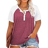 VISLILY Women's Plus Size Tops Raglan Henley Shirts Buttons Up Tunics Color Block Tee