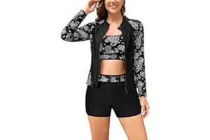 SHEKINI Women's 3 Piece Rash Guard Long Sleeve Swimsuits Zip Up Sun Protection Swim Shirts Built in Bra with Boyshorts
