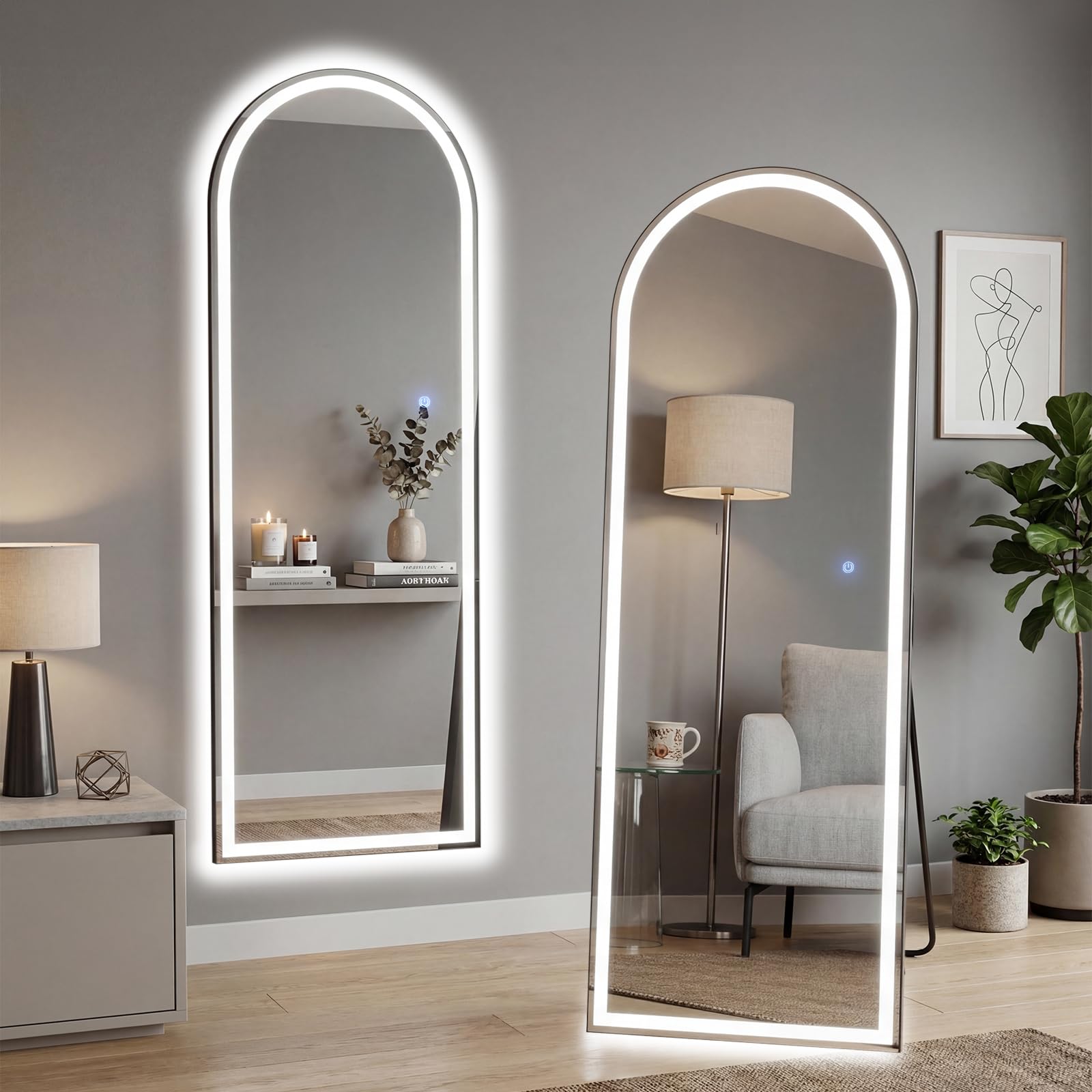 Aidoly 21"×64" Arched LED Full Length Mirror with Stand, Full Body Wall-Mount Mirror with LED Lights 3 Color Lighting, Hanging or Leaning, Floor Standing, Modern Simple Home Wall Decor Image