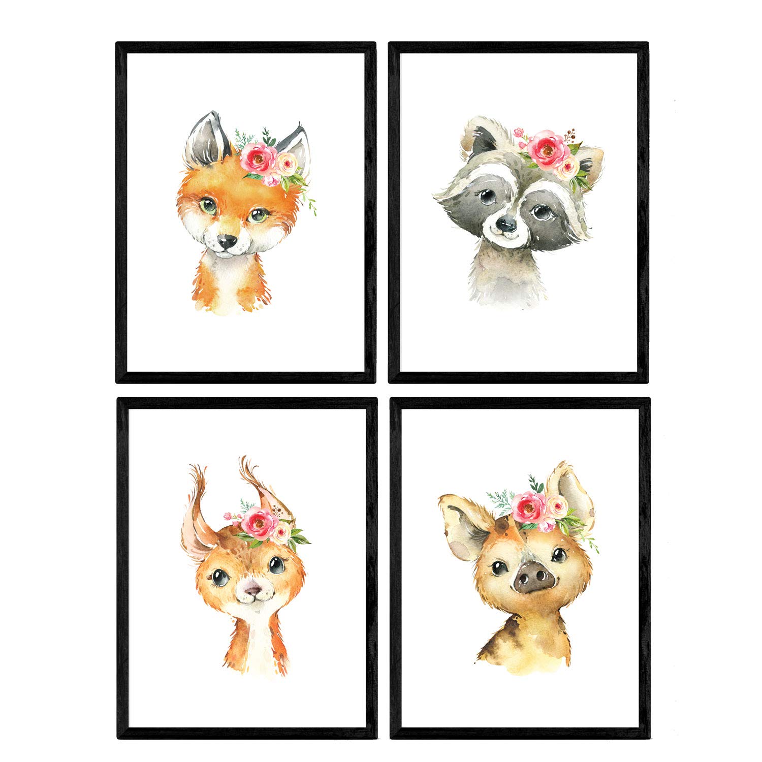 Nacnic Pack of four sheets with illustrations of animals. Posters with children's animal pictures. Hyena, fox and skunk deer. A4 unframed