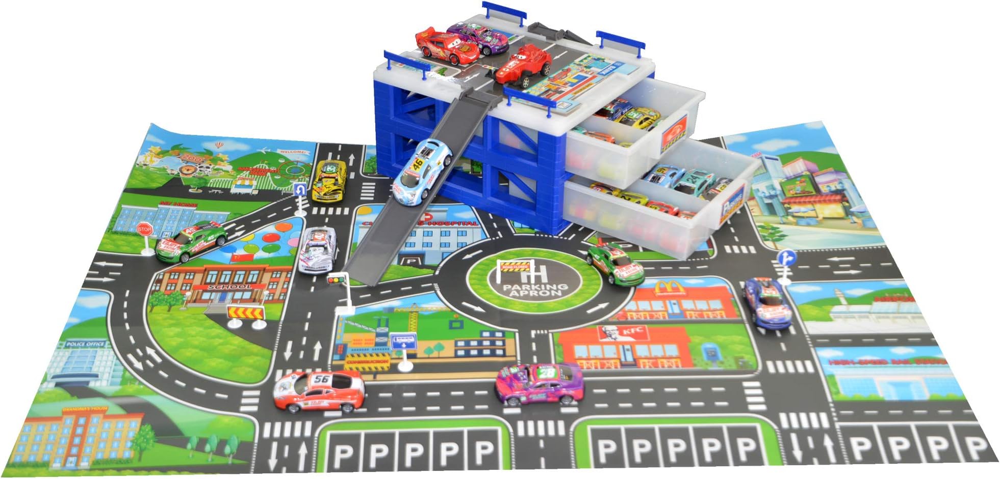 WYTartist Parking Lot Toy Kids Toy Storage Organizer with Alloy Car Roadmap Road Sign for Kids Boys Christmas Gift