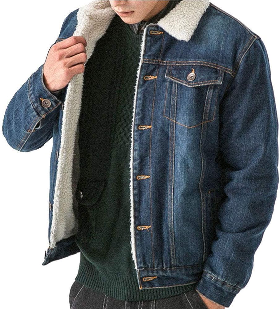 LINGMIN Men's Winter Fleece Lined Denim Jacket Fur Collar Quilted Jean Coats Outwear