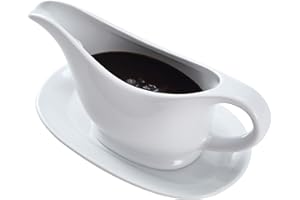 Bruntmor 11 Oz White Ceramic Gravy Boat With Tray, 11 Ounce Small Ceramic Serving Dish, Dispenser with Tray For Sauces, Gravy Boats With Saucer For Dinner