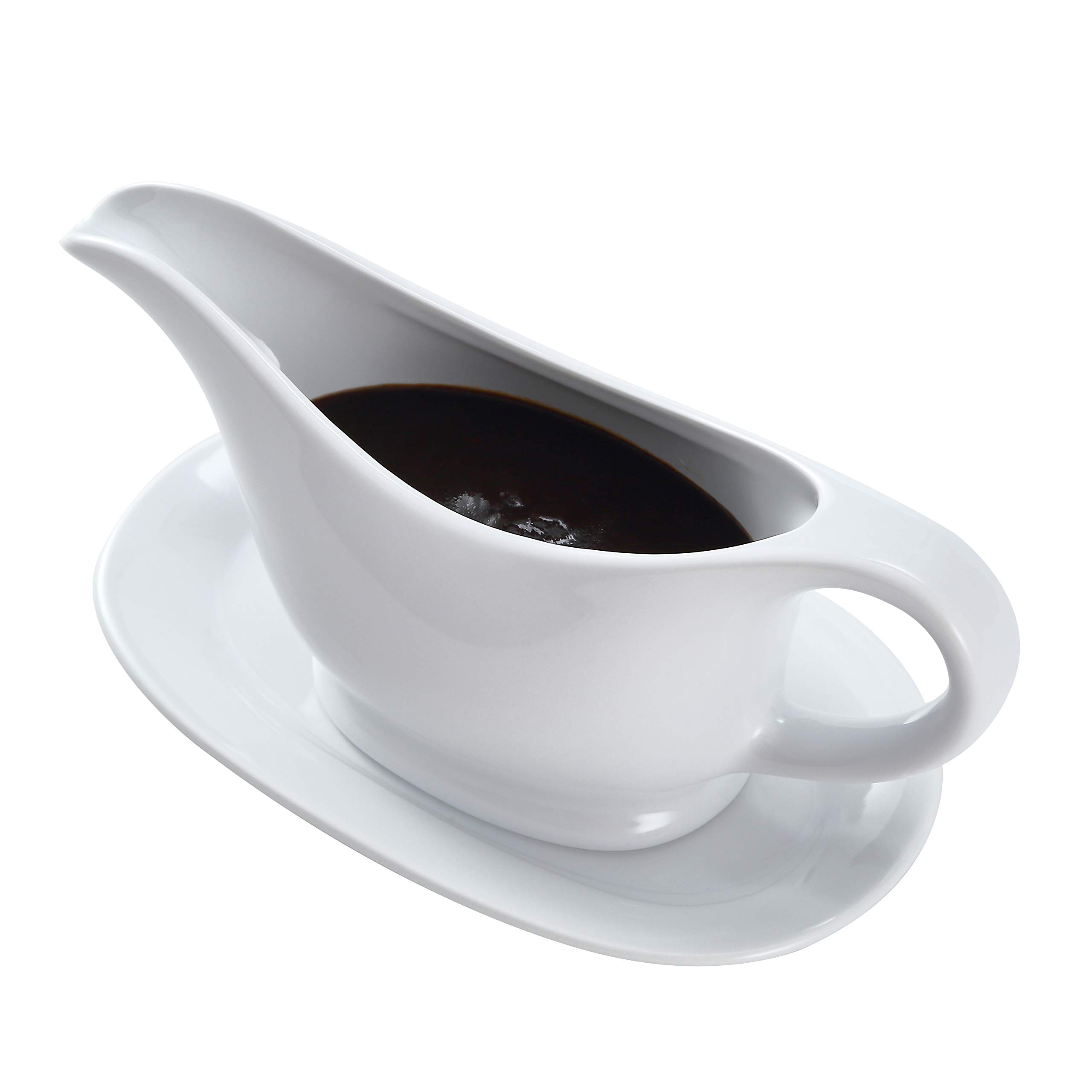 Bruntmor 11 Oz White Ceramic Gravy Boat with Tray, 11 Ounce Small Ceramic Serving Dish, Dispenser with Tray for Sauces, Gravy Boats with Saucer for Dinner