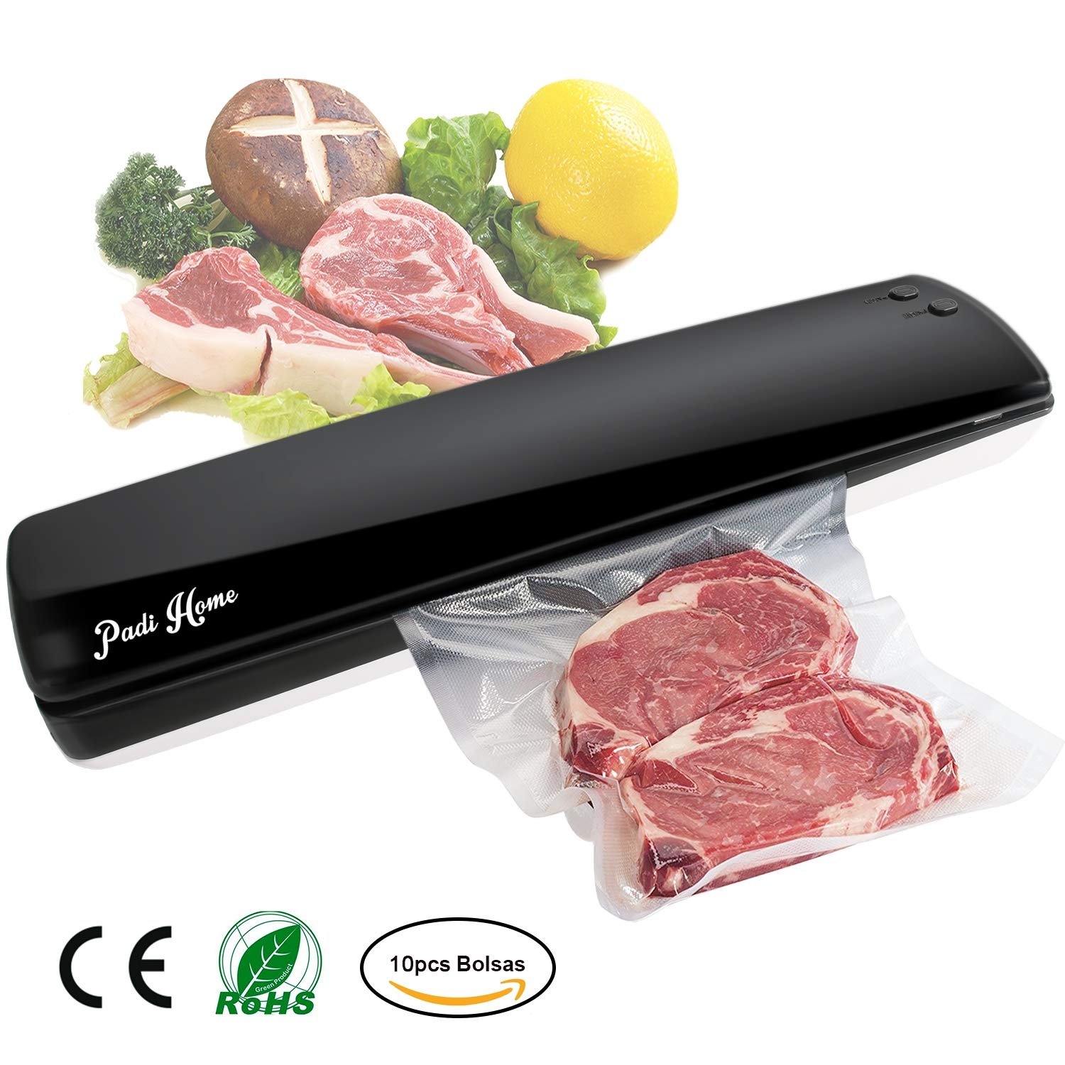 Envasadoras al vacío, Padi Home El Aparato para envasar al vacio, Comida se Mantiene Fresco con hasta 8 Veces Más, Ideal para Almacenamiento de Alimentos Incluye 10 Alta Calidad Vacuum Bolsa, Negro