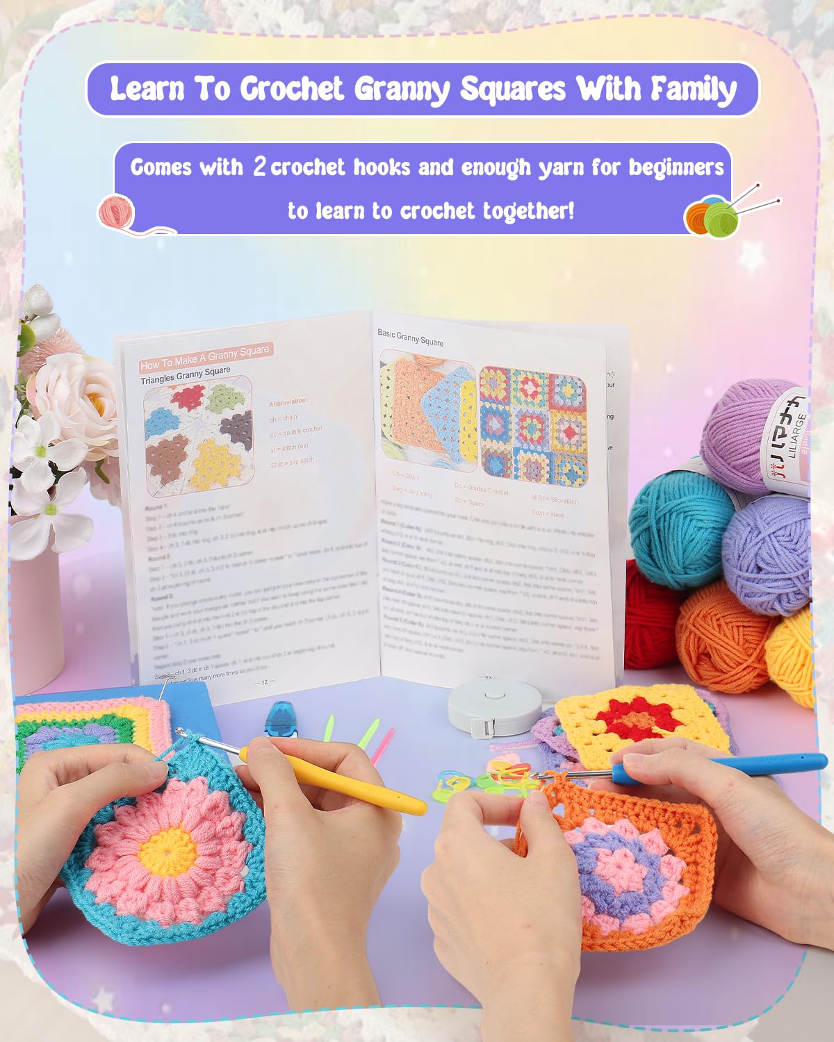 Coopay Crochet Kit Beginners for 6 Types Granny Squares, Starter Knitting Kit with Instructions & 8PCS Yarn, Crochet Start Kit for Adults Learn to Crochet Granny Square Coasters, Table Runners, ect