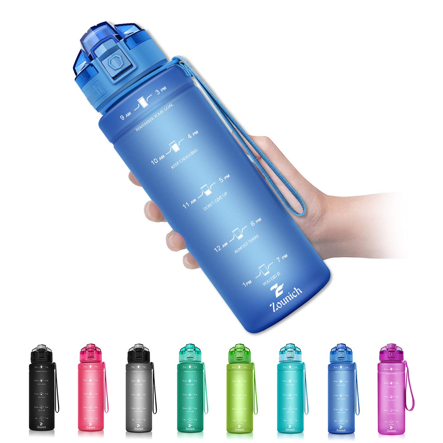 Zounich Sports Water Bottle Kids with Times to Drink Leakproof 1L / 700ml / 500ml 1Litre Drink Bottles BPA Free Motivational Adults, Gym, School, Running, Travel, Girls, Boys, Filter Reusable — image 1
