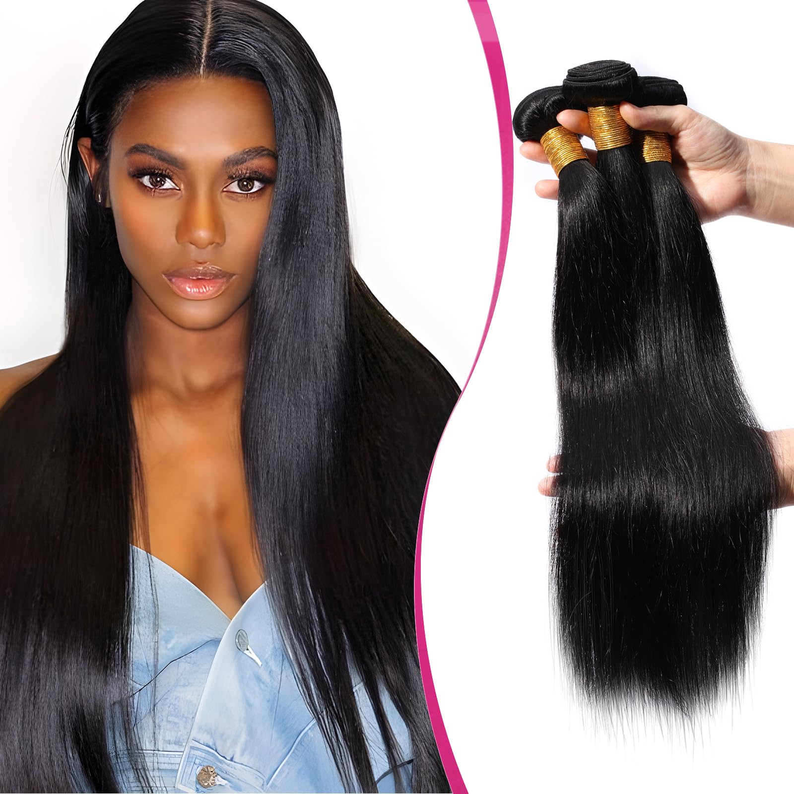 Elailite Human Hair Bundles Weave Hair Extensions Real Human Hair Straight Weft 3 Bundles 300g - #1B Natural Black - 10/12/14 Inch — image 1