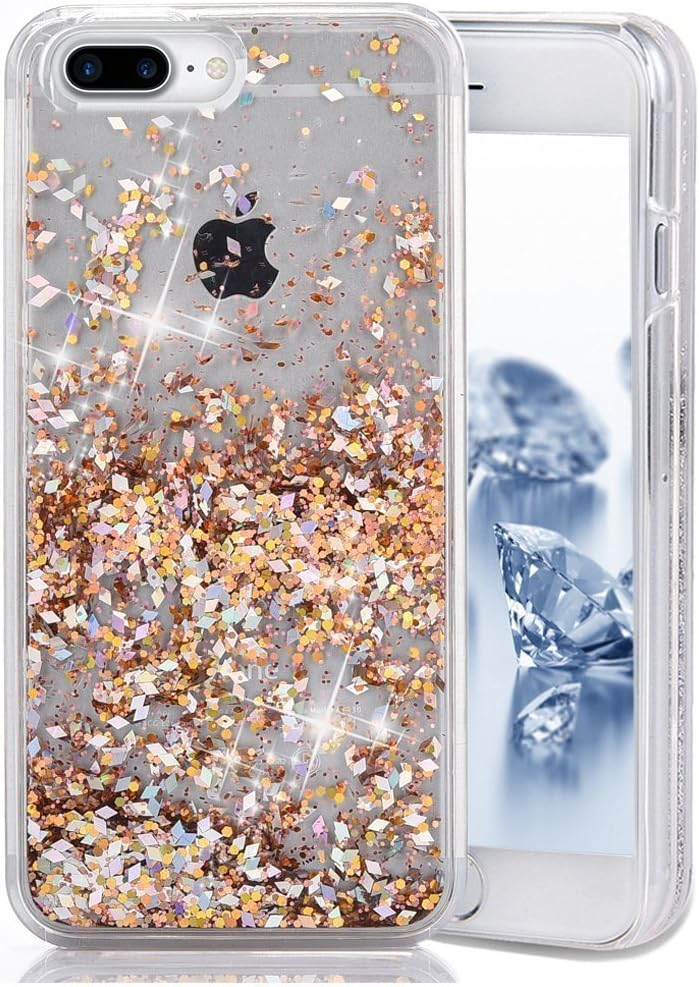 SUPVIN Bling Glitter Sparkle Shiny Liquid Phone Case for Girls Women Floating Bumper Cute Case with Rhinestone Diamond [TPU+PC] Compatible for iPhone 7 Plus/iPhone 8 Plus(Gold)
