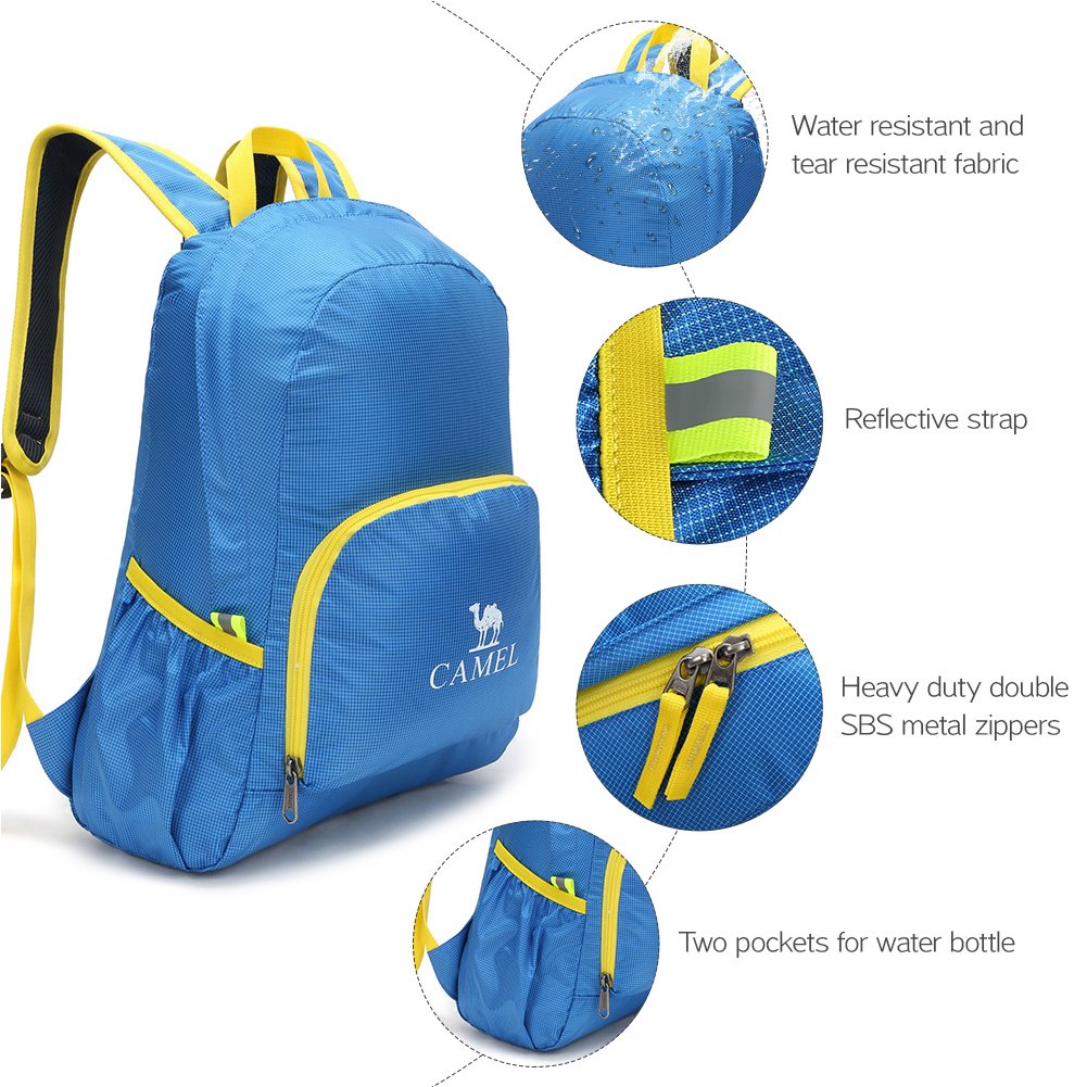 CAMEL CROWN Hiking Daypacks 25L Lightweight Packable Durable Travel Hiking Backpack Camping Outdoor Water Resistant Bookbags(Blue)