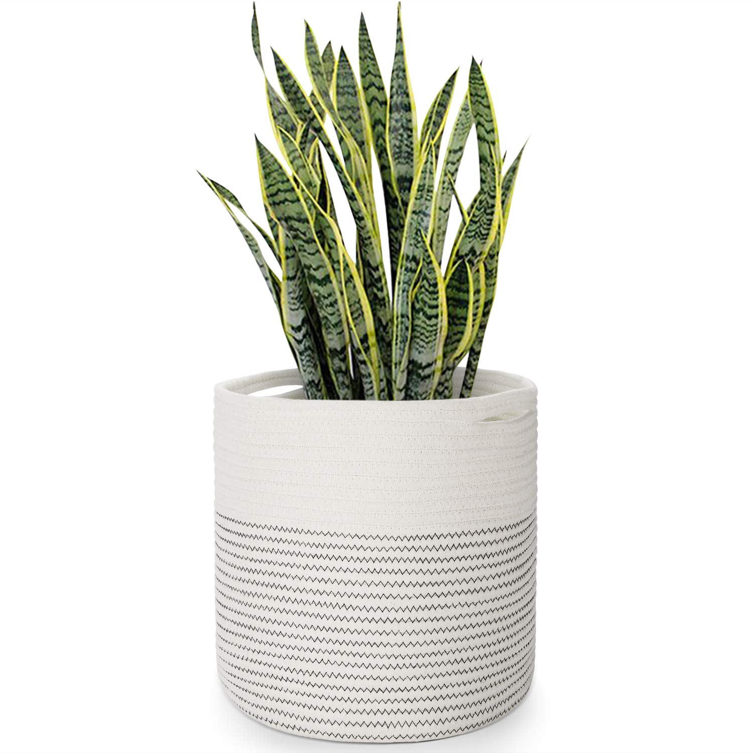 Flexzion Plant Basket Modern Urban Boho Cotton Rope Basket Indoor Planter Holder (Up to 11 Inch Flower Pot) Macrame Woven Storage Organizer Bin with Handles Home Decor Storage Basket 12" x 12"