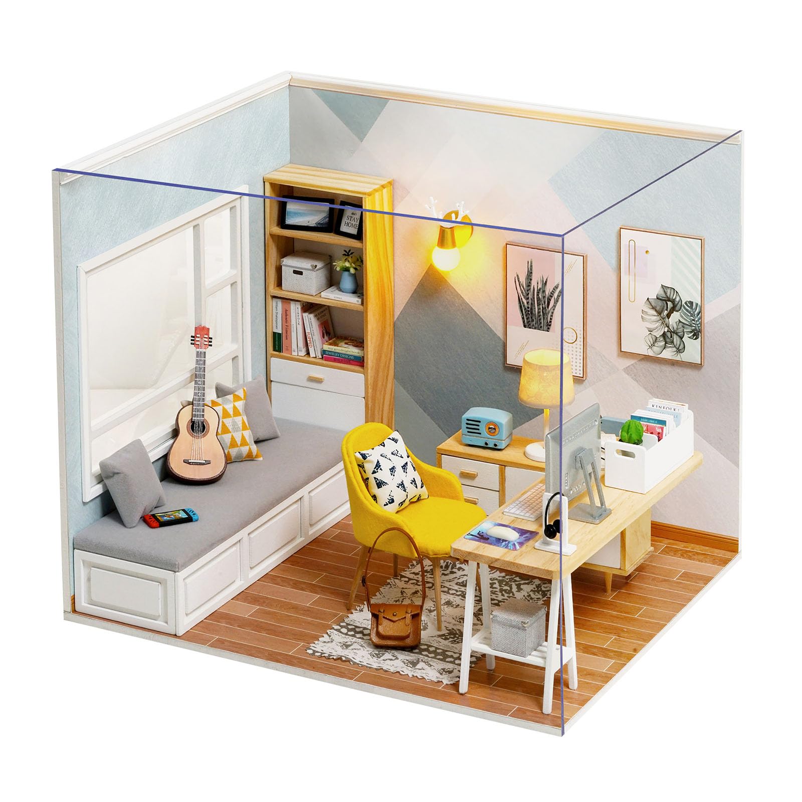 OSDUE DIY Miniature Dolls House with Furniture, Mini Kitchen Study 3D Jigsaw Puzzle Model, Wooden Building Kit with LED Lights Craft Kit for Adults Book Shelf Decoration Gift