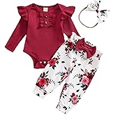 Aimaopao Baby Girls Clothes Ribbed Romper Bodysuit Pants Headband Set Fall Winter Outfits