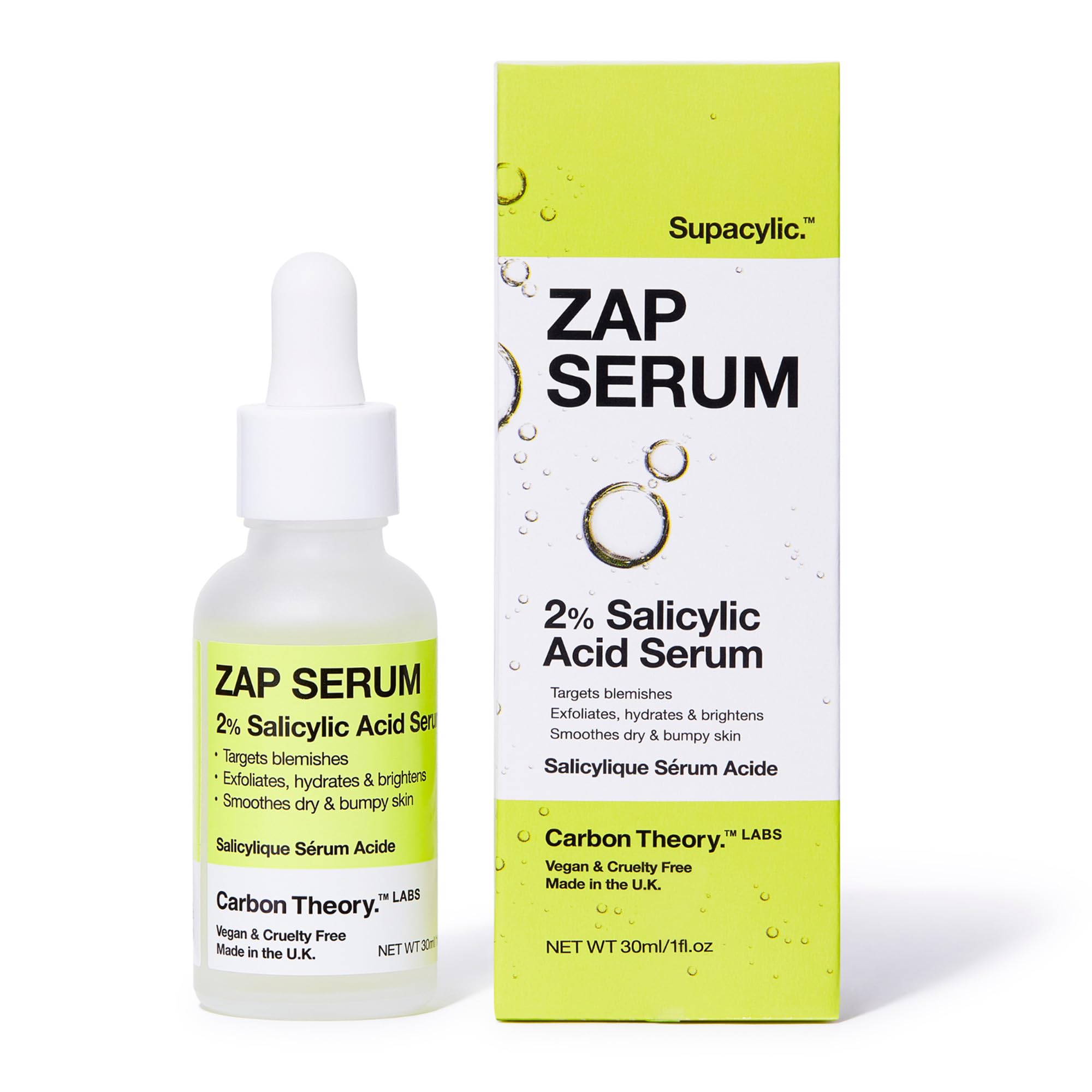 Carbon Theory 2% Salicylic Acid Zap Face Serum for Dry and Bumpy Skin, Gently Exfoliates, Moisturises and Clears Pores to Reduce Breakouts 30ml