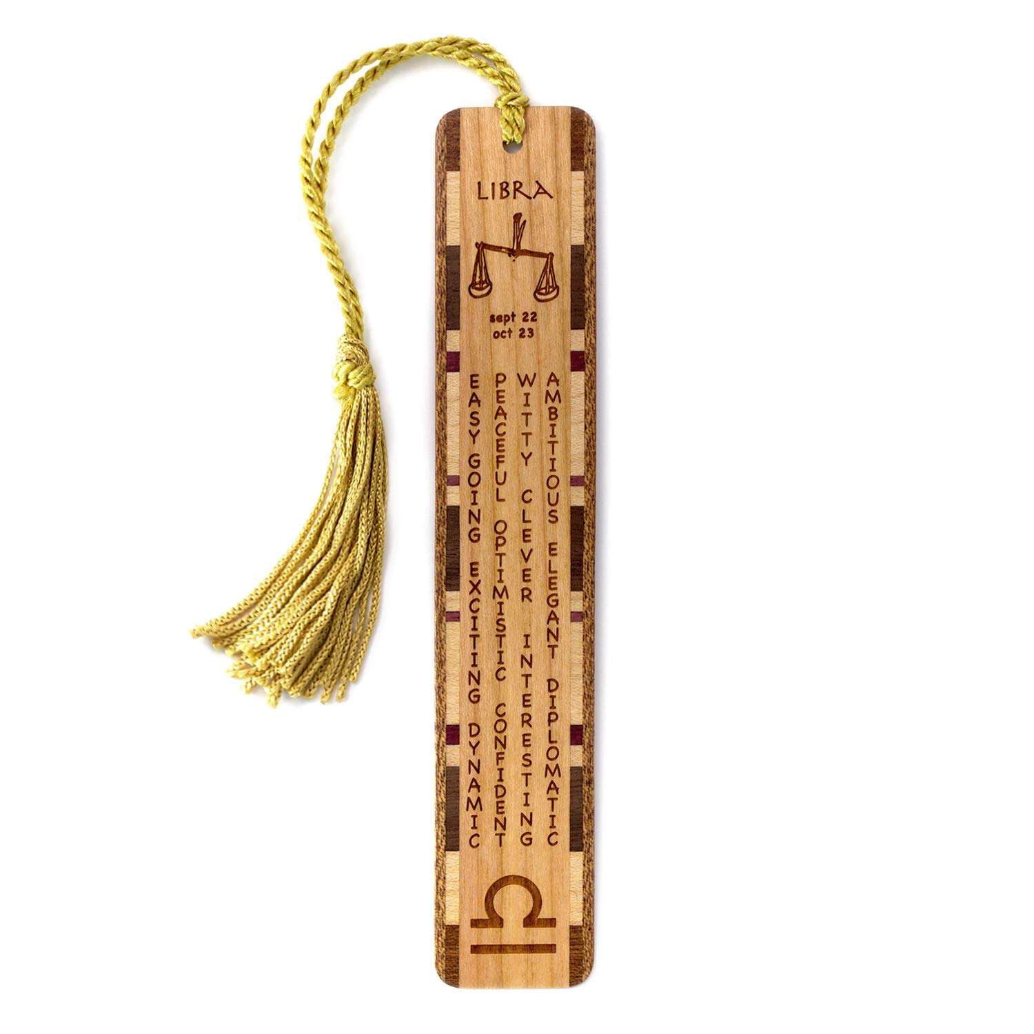 Libra Zodiac Sign Artwork and Positive Personality Traits Engraved Wooden Bookmark with Tassel - Made in USA - Also Available Personalized