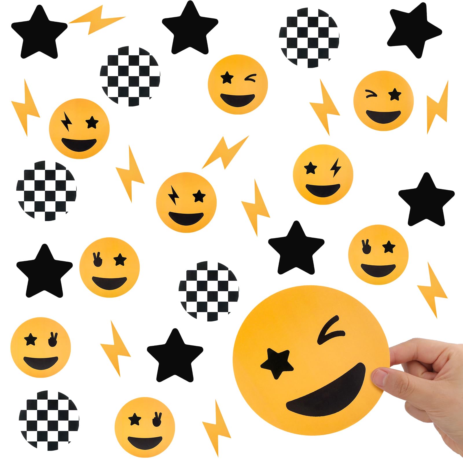 Photo 1 of Maitys 36 Pcs One Happy Dude Cutouts 1st Birthday Decorations Black Yellow Smile Face Lightning Star Checkered Accents for Baby Shower First Birthday Wedding Hippie Party Decoration Supplies