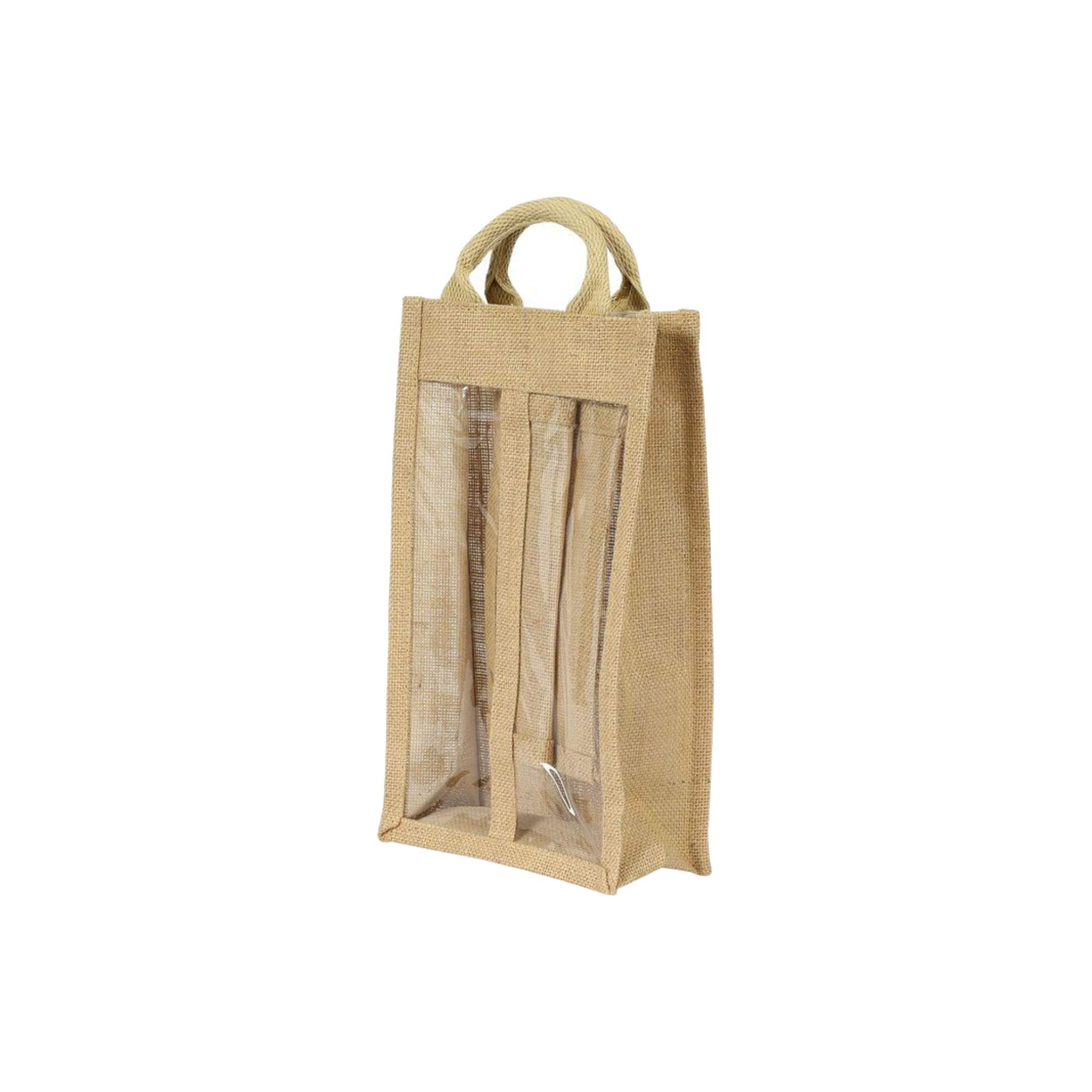 Jute Hessian Double window 2 bottle wine carrier bag